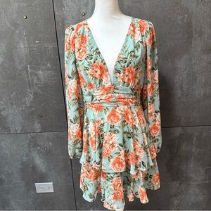 Hello Molly Floral Miami Love Long Sleeve Dress - green and Orange NWT